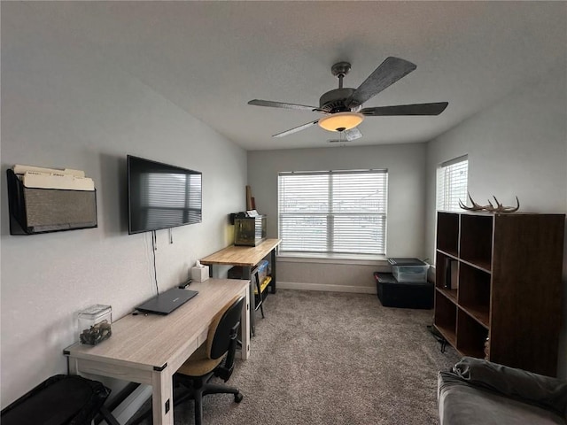 carpeted office featuring a ceiling fan and baseboards