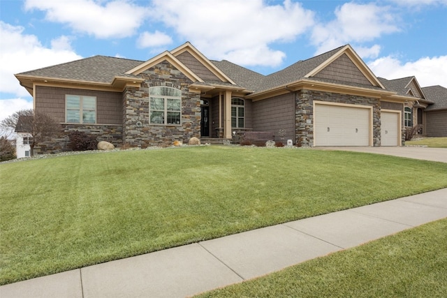 craftsman inspired home featuring a garage, stone siding, driveway, and a front yard