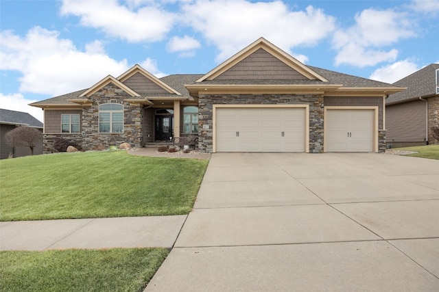 craftsman inspired home featuring a front lawn, driveway, and an attached garage