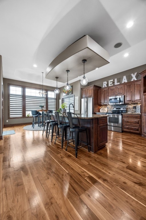 kitchen featuring dark wood finished floors, a breakfast bar area, stainless steel appliances, and a tray ceiling