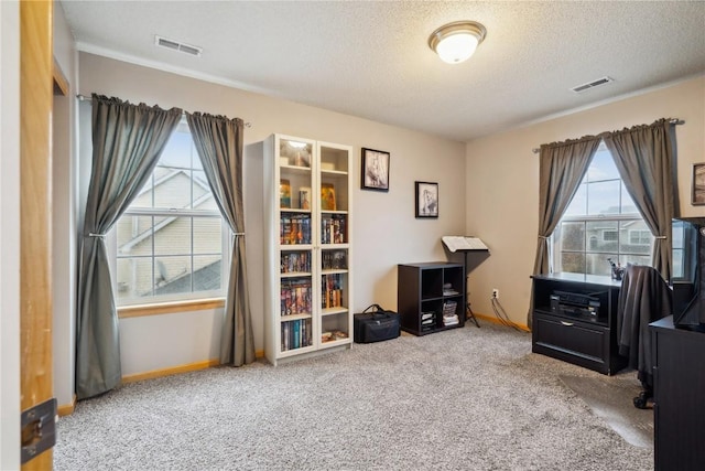 carpeted home office featuring visible vents, a textured ceiling, and baseboards