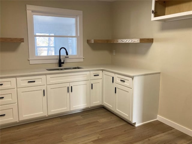 kitchen featuring open shelves, a sink, and wood finished floors