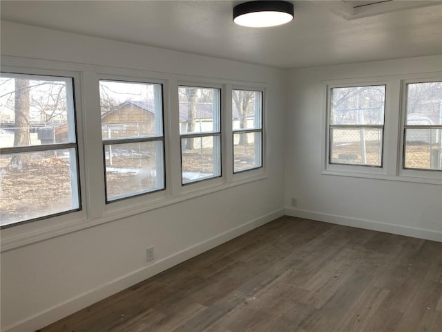 empty room featuring dark wood-type flooring and baseboards