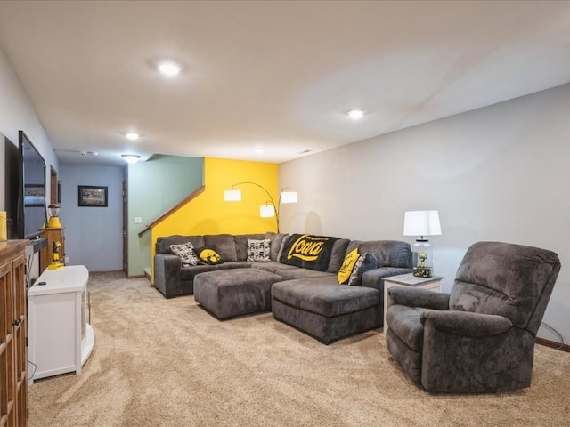 living room featuring recessed lighting and light colored carpet