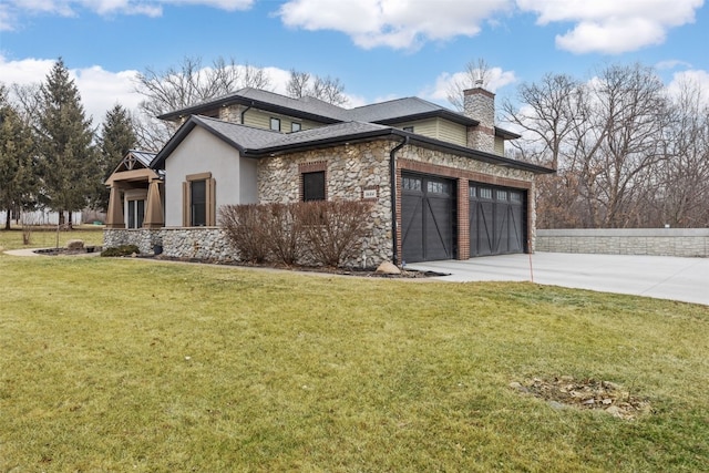 view of property exterior with a yard, stone siding, concrete driveway, and a chimney