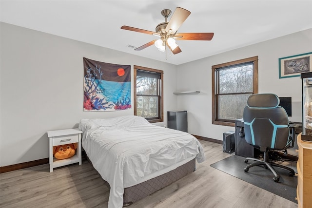 bedroom featuring multiple windows, wood finished floors, and baseboards