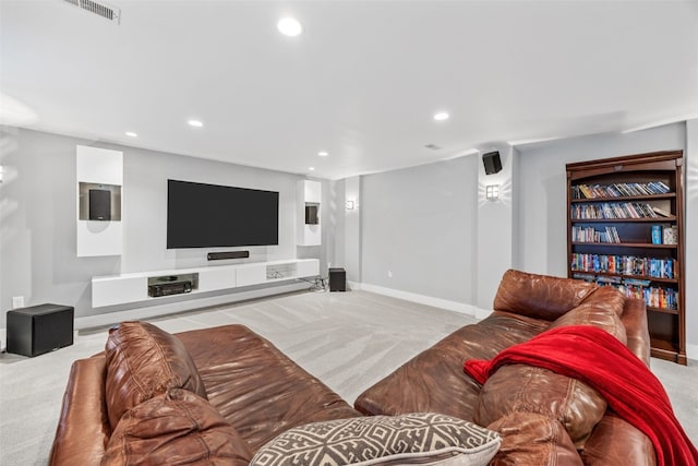 living area with recessed lighting, visible vents, carpet floors, and baseboards