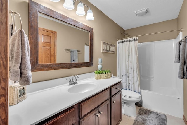 full bath with visible vents, shower / bathtub combination with curtain, toilet, tile patterned flooring, and vanity