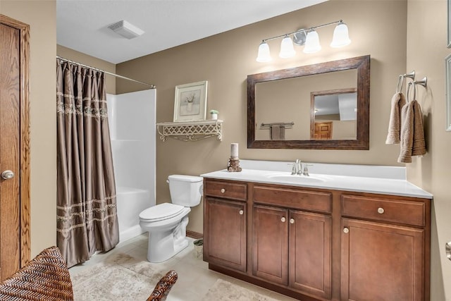 bathroom with tile patterned floors, visible vents, toilet, shower / bath combination with curtain, and vanity