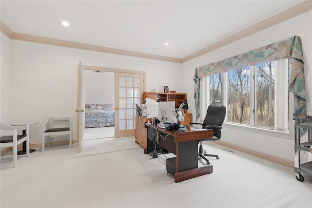 carpeted office space featuring recessed lighting, french doors, baseboards, and ornamental molding