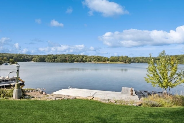 dock area featuring a lawn and a water view