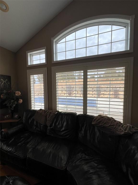 living area featuring vaulted ceiling