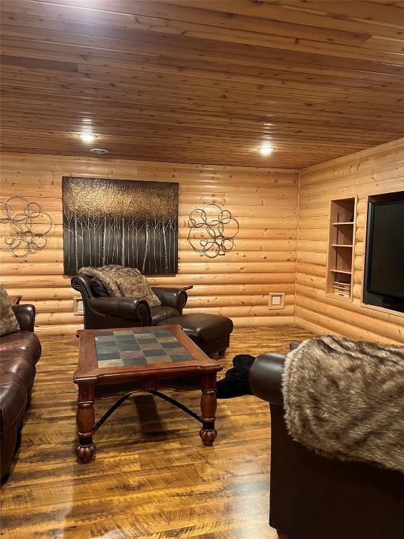 living room with wooden ceiling, log walls, and wood finished floors