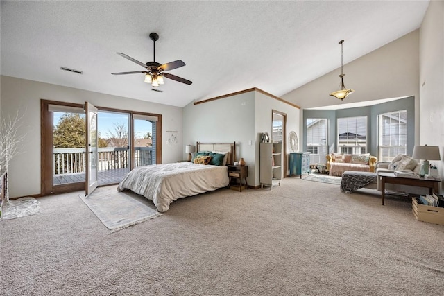 carpeted bedroom with visible vents, a textured ceiling, high vaulted ceiling, a ceiling fan, and access to outside