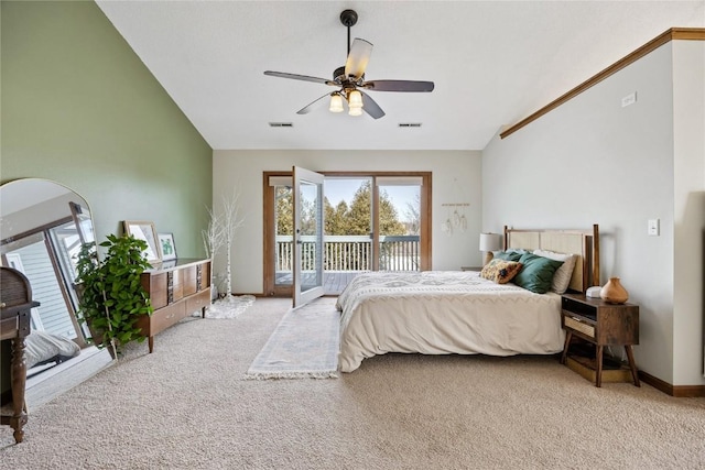 bedroom featuring a ceiling fan, visible vents, lofted ceiling, access to exterior, and carpet flooring