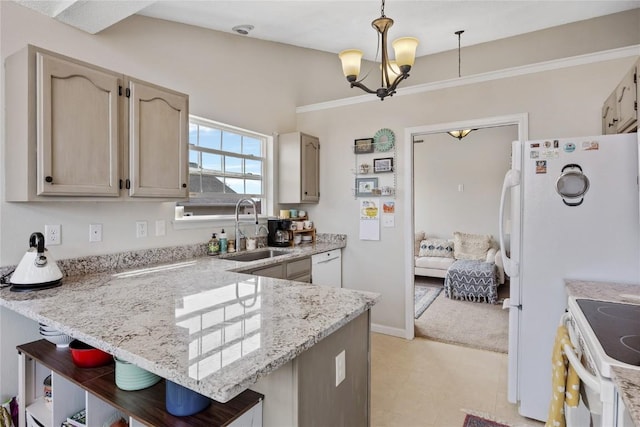 3260 Willowridge Rd Unit D, Marion, IA 52302 - kitchen featuring a sink, a peninsula, a breakfast bar, white appliances, and pendant lighting