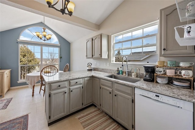 3260 Willowridge Rd Unit D, Marion, IA 52302 - kitchen with white dishwasher, vaulted ceiling, a chandelier, a peninsula, and a sink
