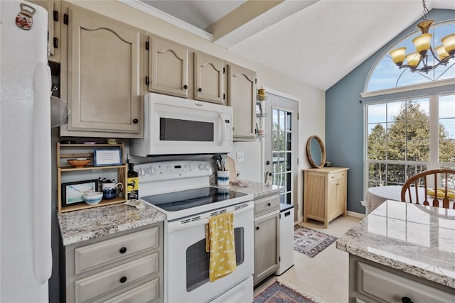 3260 Willowridge Rd Unit D, Marion, IA 52302 - kitchen with white appliances, a chandelier, lofted ceiling, decorative light fixtures, and light stone counters
