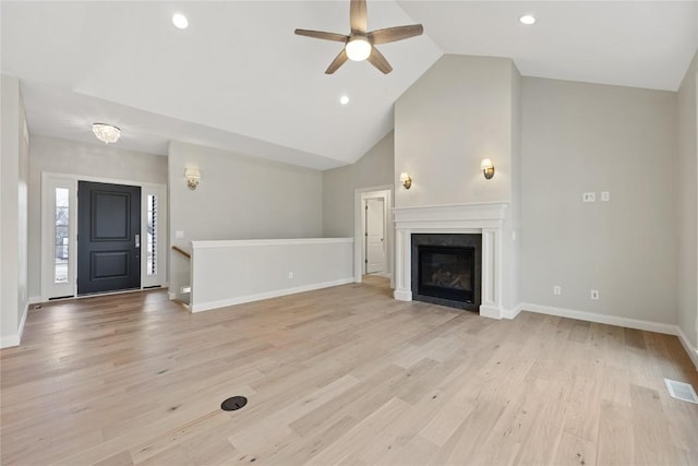 unfurnished living room with visible vents, baseboards, light wood finished floors, recessed lighting, and ceiling fan