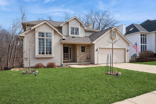 traditional-style home with concrete driveway, stone siding, a garage, and a front yard