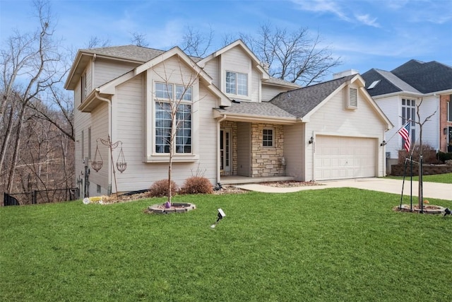 traditional home with driveway, stone siding, roof with shingles, a front yard, and a garage