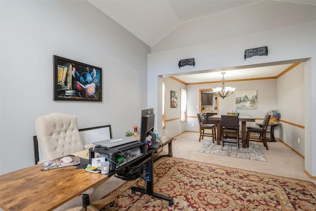 dining space with carpet, an inviting chandelier, crown molding, baseboards, and vaulted ceiling