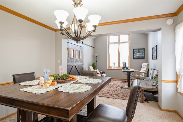 carpeted dining area with baseboards, an inviting chandelier, and ornamental molding