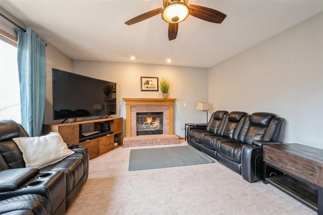 living room featuring recessed lighting, a brick fireplace, ceiling fan, and carpet flooring