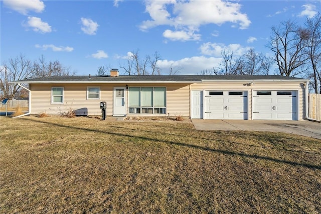 ranch-style home featuring a front lawn, fence, concrete driveway, an attached garage, and a chimney