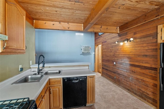 kitchen featuring wood ceiling, beamed ceiling, dishwasher, and light countertops