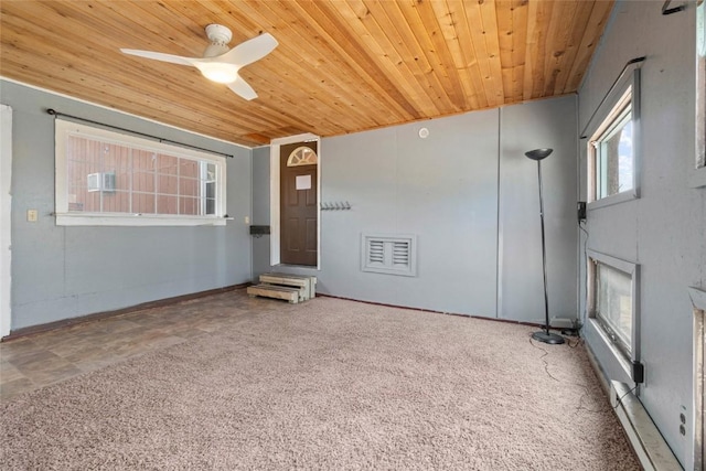 interior space with wood ceiling, carpet floors, and ceiling fan