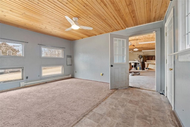 unfurnished room featuring carpet flooring, wood ceiling, a baseboard heating unit, and a ceiling fan