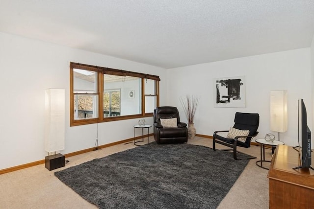 living area with a textured ceiling, baseboards, and carpet floors