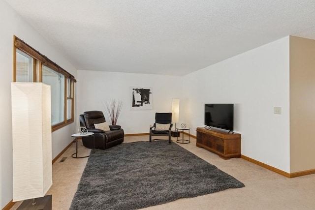 living room with carpet flooring, baseboards, and a textured ceiling