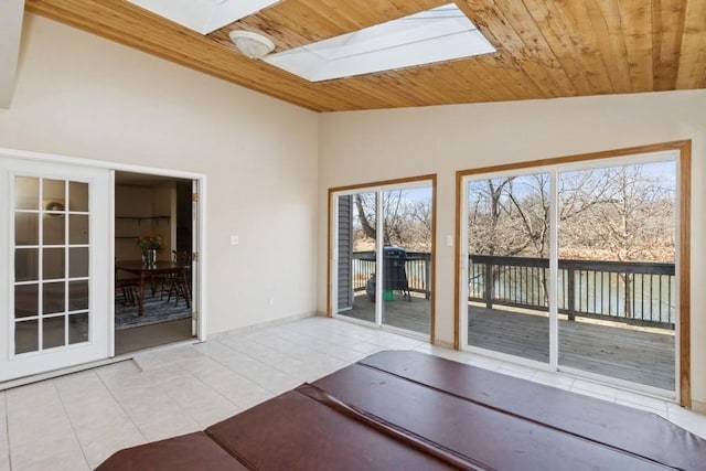 unfurnished sunroom with lofted ceiling with skylight and wooden ceiling