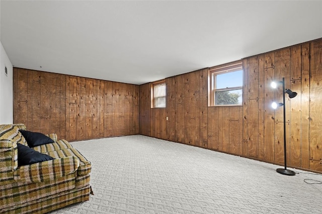 unfurnished room with wooden walls and carpet