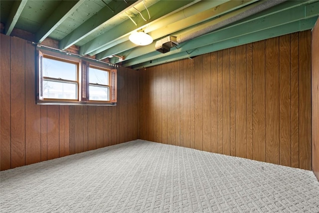 below grade area with wooden walls and carpet flooring