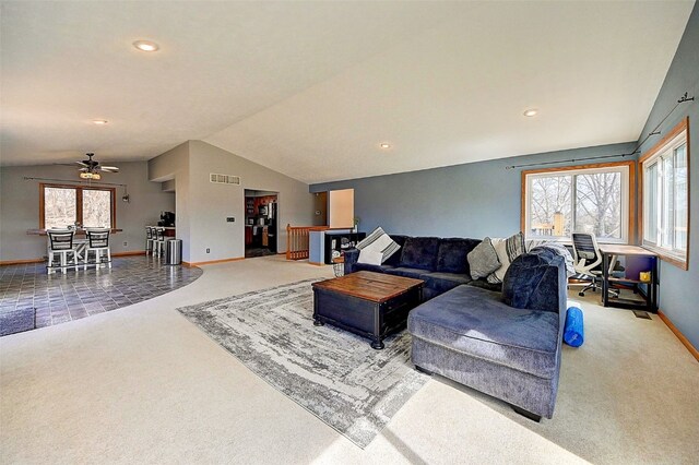 carpeted living room featuring visible vents, ceiling fan, baseboards, vaulted ceiling, and recessed lighting