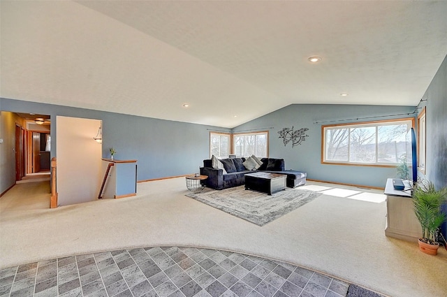 living area with recessed lighting, baseboards, carpet, and vaulted ceiling