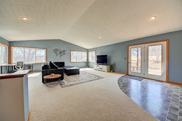 living room featuring recessed lighting, baseboards, carpet, and lofted ceiling