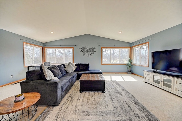 carpeted living area with recessed lighting, baseboards, and vaulted ceiling