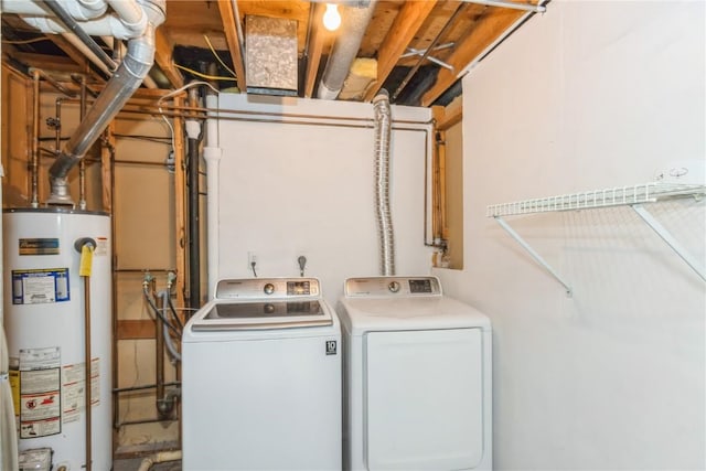 laundry room with water heater, laundry area, and separate washer and dryer