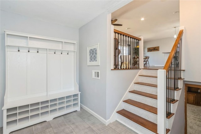 mudroom featuring recessed lighting, a ceiling fan, visible vents, and baseboards