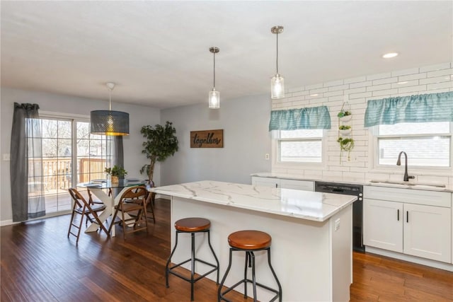 kitchen featuring dishwashing machine, light stone countertops, a sink, dark wood-type flooring, and tasteful backsplash