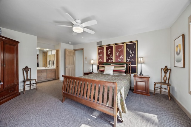 bedroom with a ceiling fan, carpet, visible vents, and baseboards