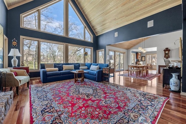 living area with a notable chandelier, wood ceiling, wood finished floors, and high vaulted ceiling