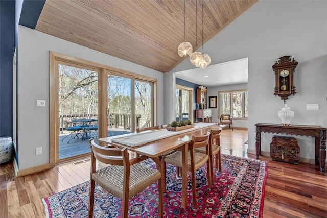 dining room featuring visible vents, wood ceiling, baseboards, and light wood finished floors