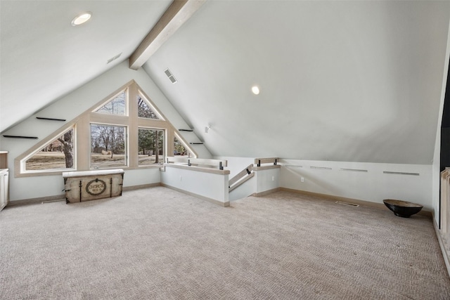 bonus room with lofted ceiling with beams, carpet flooring, baseboards, and visible vents