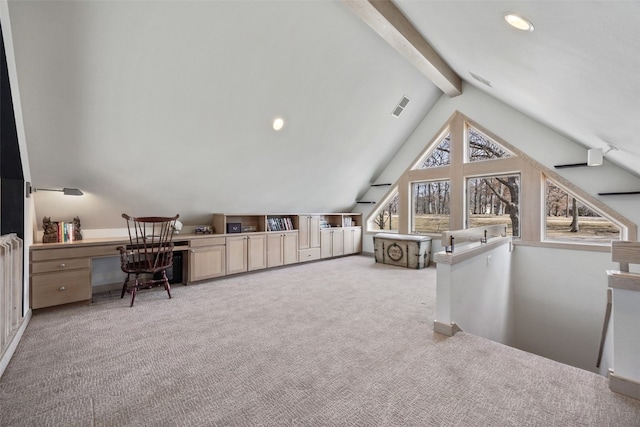 carpeted bedroom with lofted ceiling with beams, recessed lighting, visible vents, and built in study area