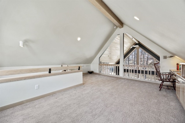 bonus room with lofted ceiling with beams, carpet flooring, recessed lighting, and baseboards